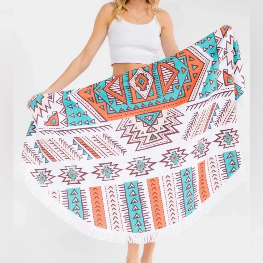 Beach Towel Round with White Fringe  - Aztec Print Festival, Beach or Picnic.